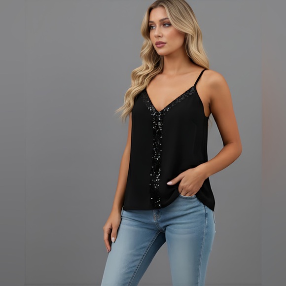 Black Contrast Sequin Cami Top - Picture 2 of 8